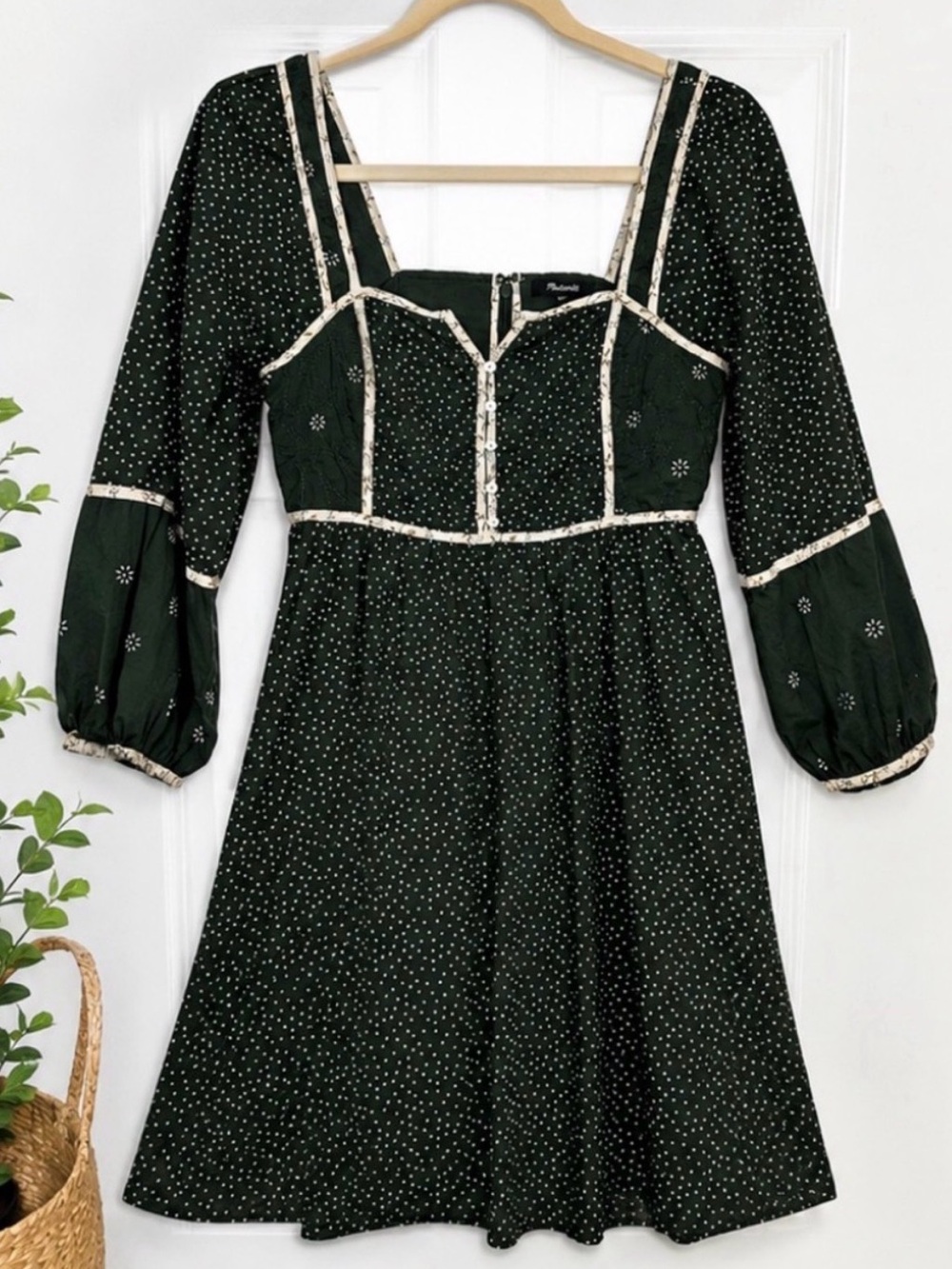 Madewell Forest Green Embroidered Mini Dress Size 2 100% Cotton Cottagecore